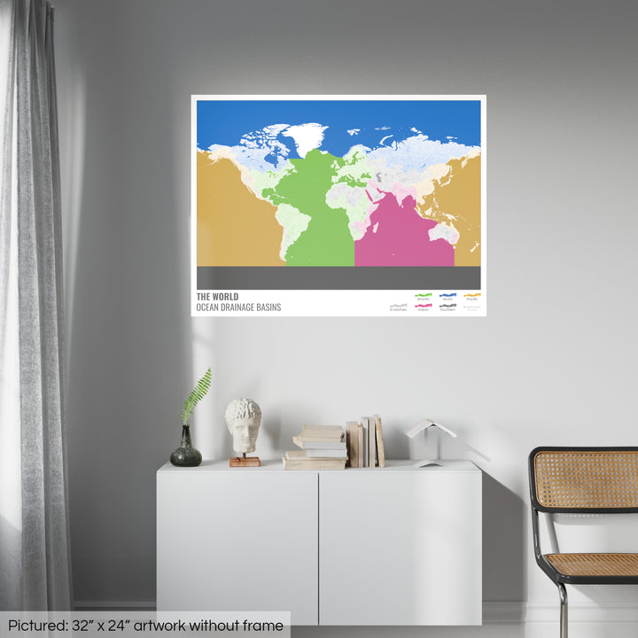 The world - Ocean drainage basin map, white with legend v2 - Photo Art Print