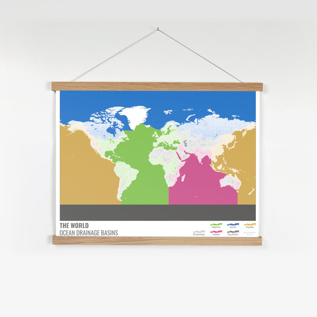Le monde - Carte des bassins versants océaniques, blanche avec légende v2 - Tirage d'art avec cintre