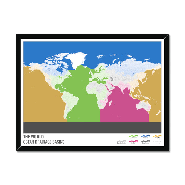 The world - Ocean drainage basin map, white with legend v2 - Framed Print