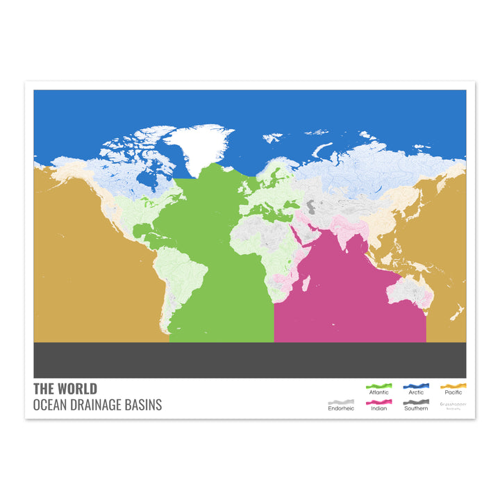 Le monde - Carte des bassins versants océaniques, blanche avec légende v2 - Fine Art Print