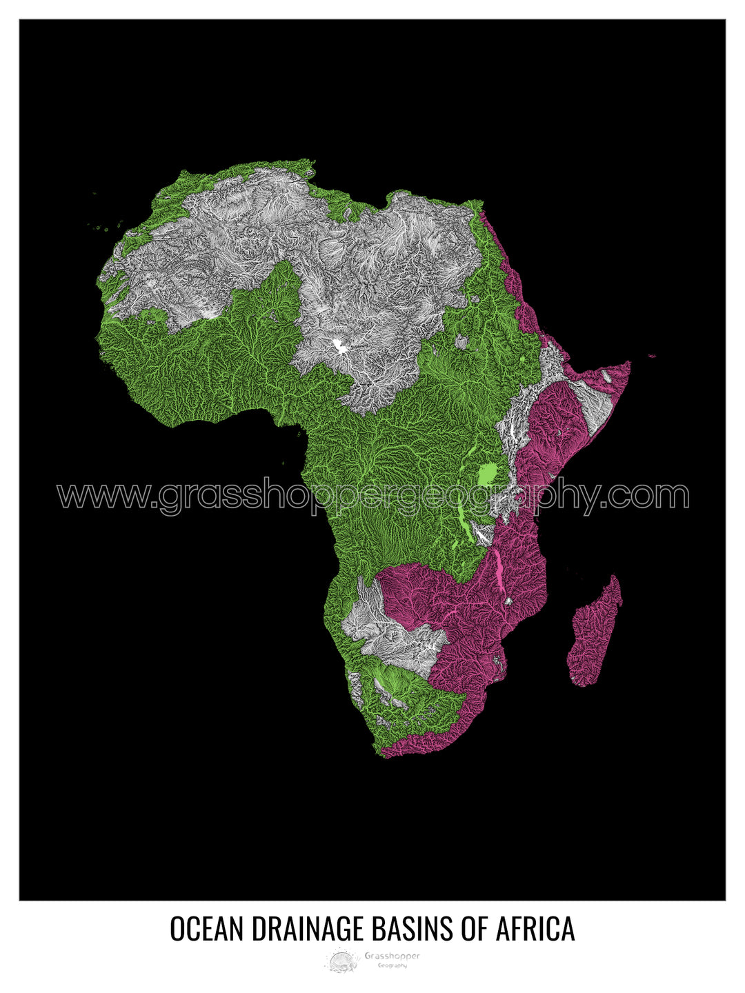 Africa - Ocean drainage basin map, black v1 - Fine Art Print with Hanger