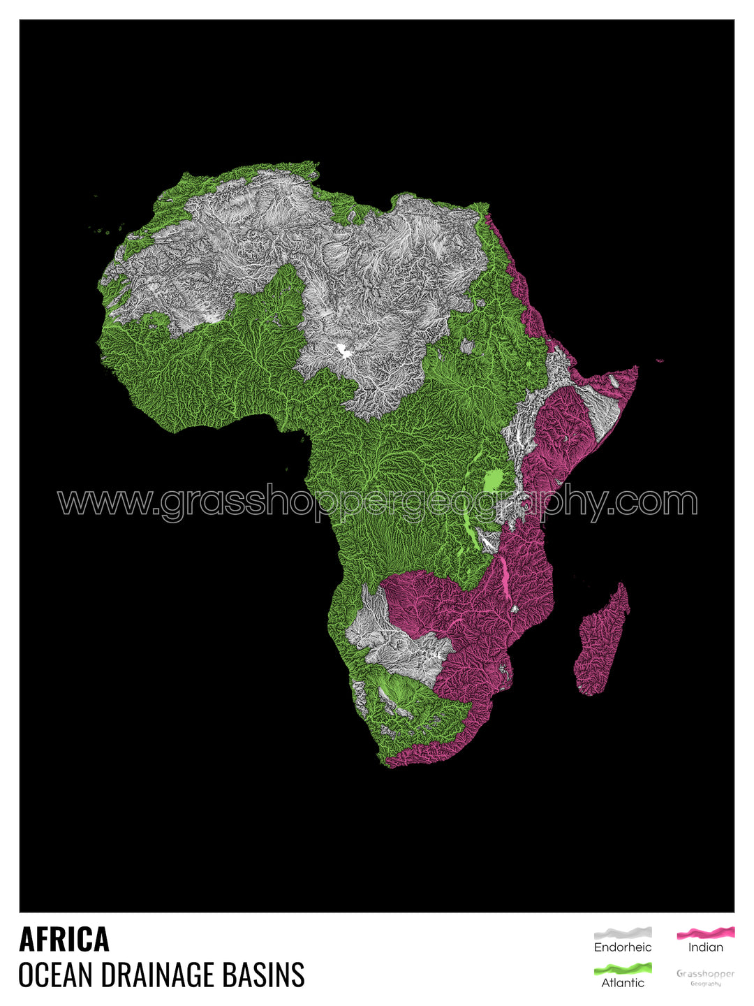 África - Mapa de la cuenca hidrográfica del océano, negro con leyenda v1 - Impresión de bellas artes