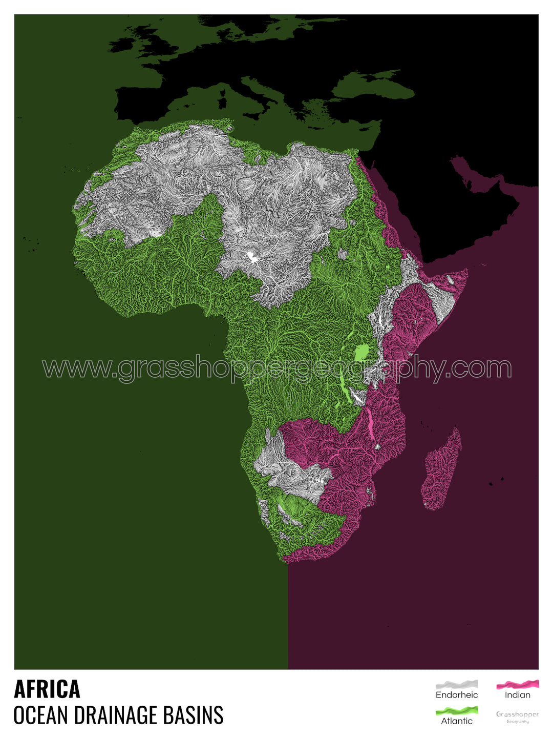 Afrique - Carte des bassins hydrographiques océaniques, noire avec légende v2 - Impression encadrée