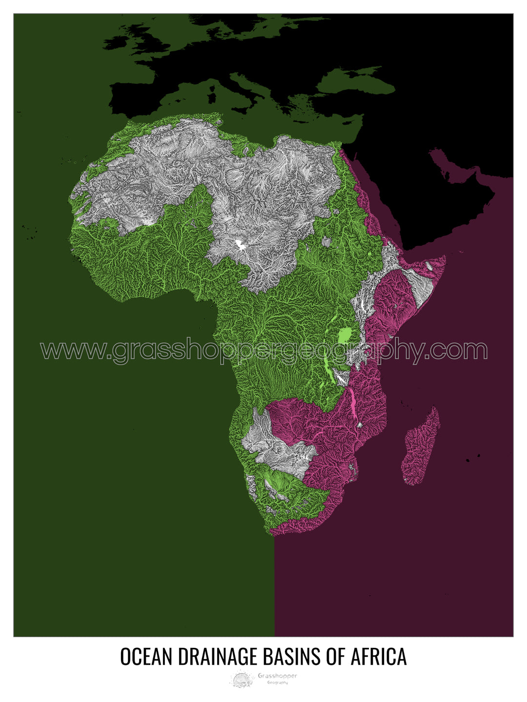 África - Mapa de la cuenca de drenaje oceánico, negro v2 - Lámina enmarcada