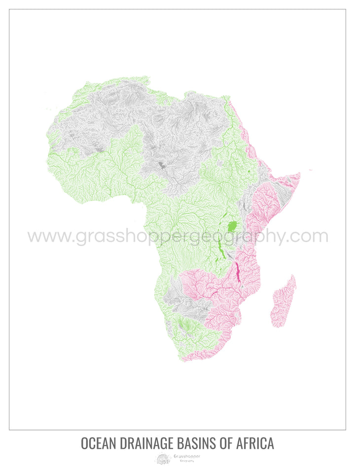 África - Mapa de la cuenca hidrográfica del océano, blanco v1 - Impresión de bellas artes