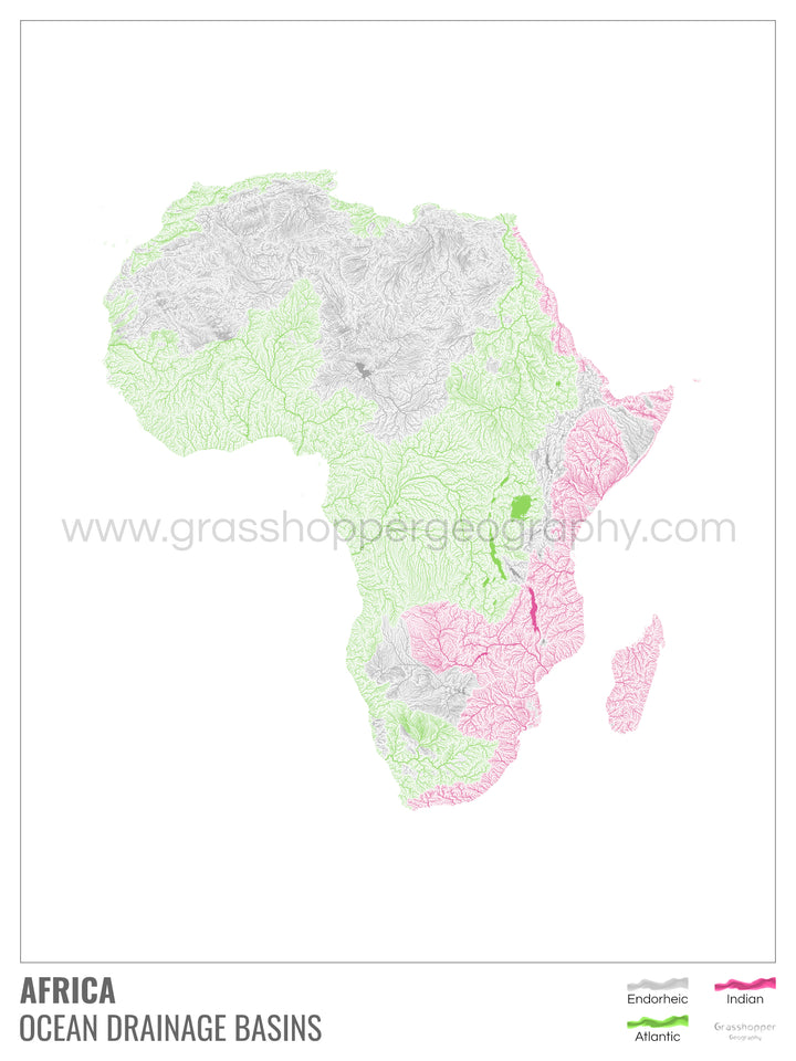 Afrique - Carte des bassins versants océaniques, blanche avec légende v1 - Impression encadrée