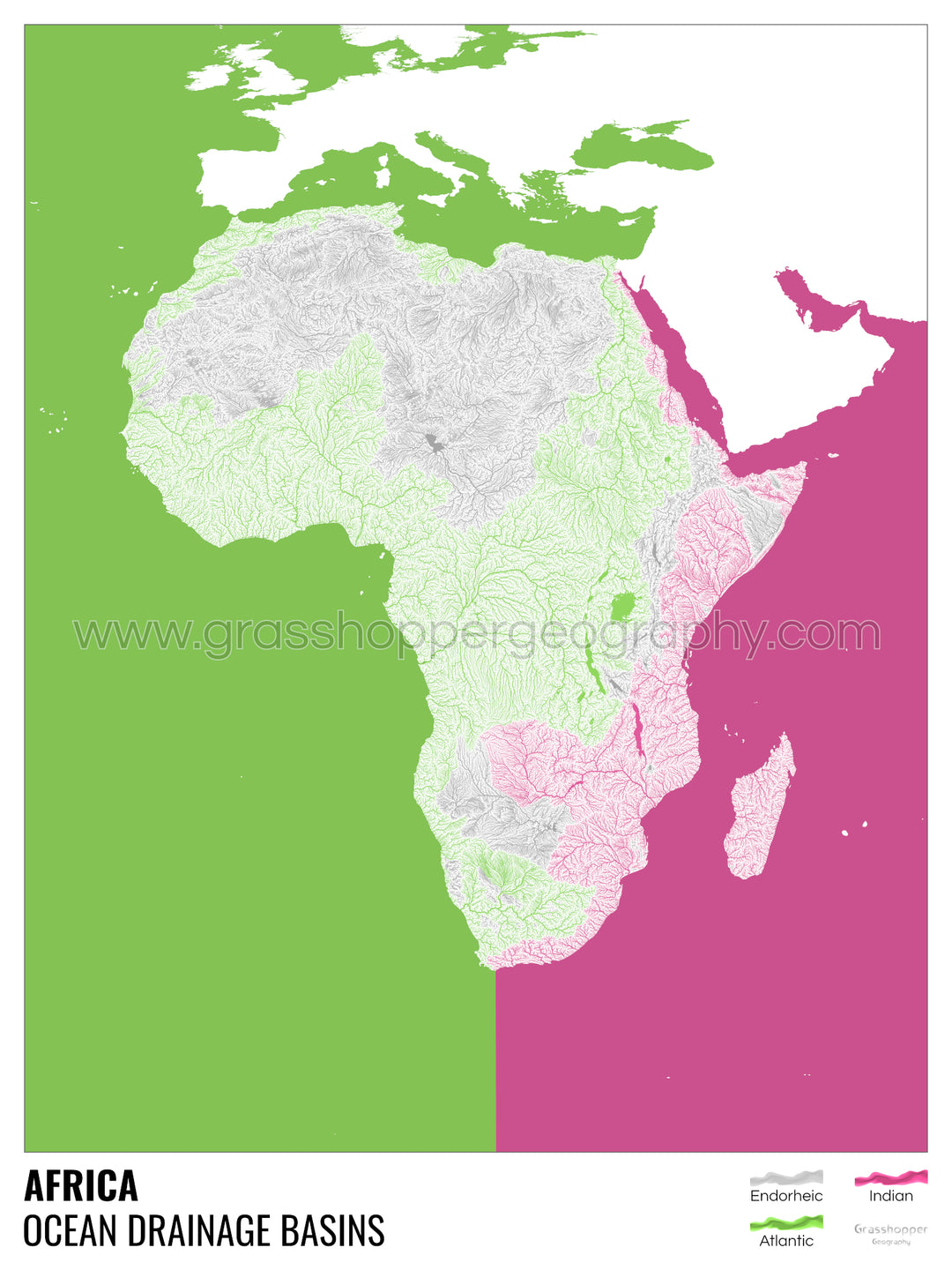 África - Mapa de la cuenca hidrográfica del océano, blanco con leyenda v2 - Lámina enmarcada