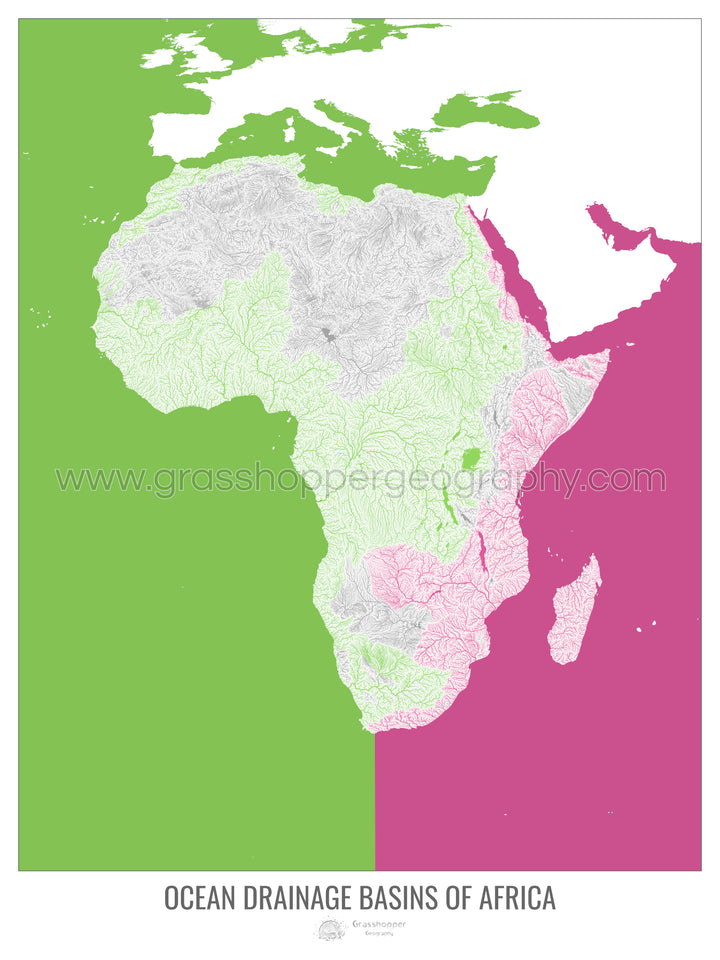 Afrique - Carte des bassins hydrographiques océaniques, blanc v2 - Impression encadrée