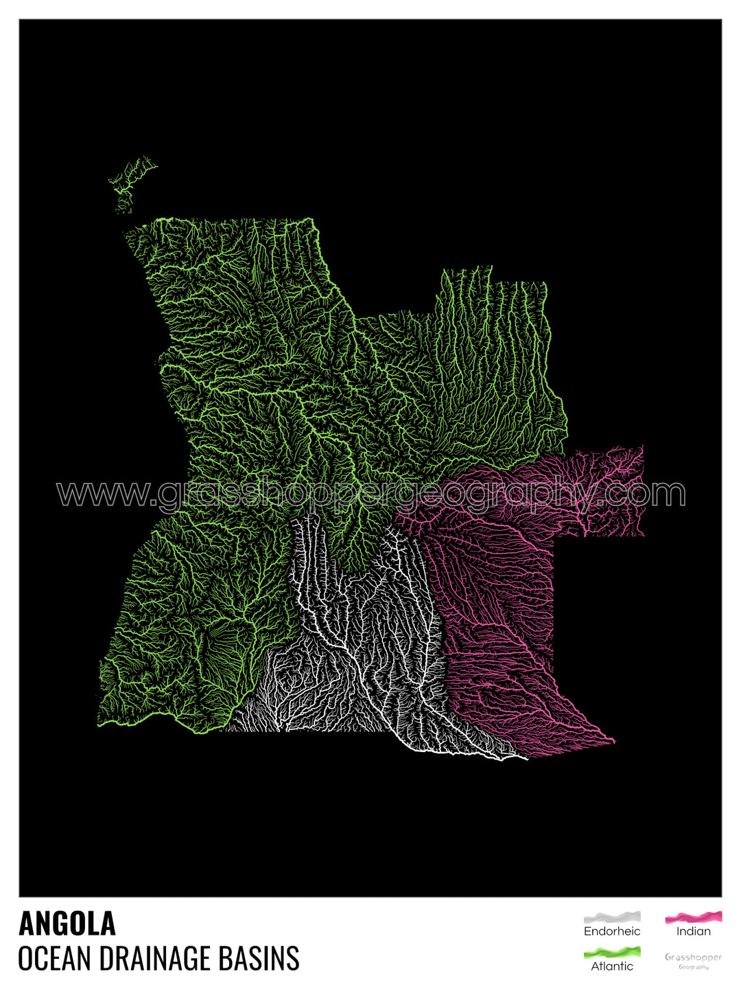 Angola - Ocean drainage basin map, black with legend v1 - Fine Art Print with Hanger