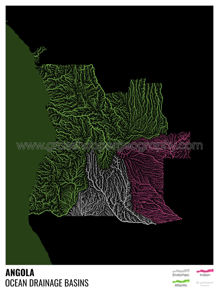 Angola - Ocean drainage basin map, black with legend v2 - Fine Art Print