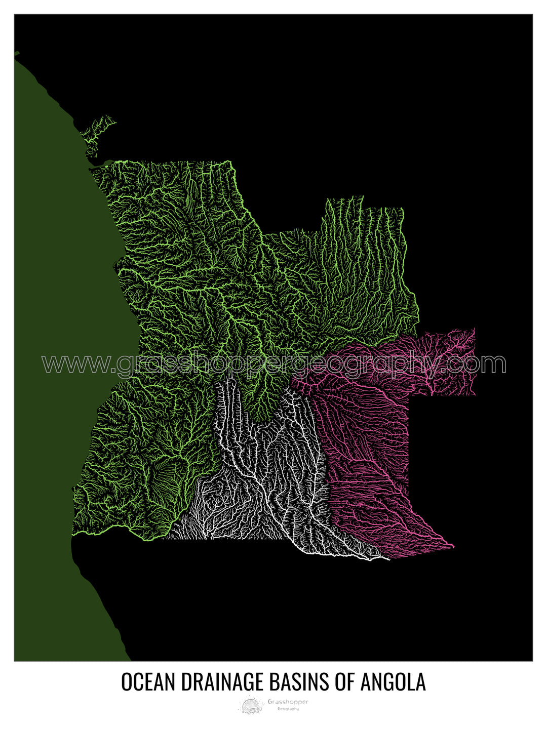 Angola - Ocean drainage basin map, black v2 - Fine Art Print