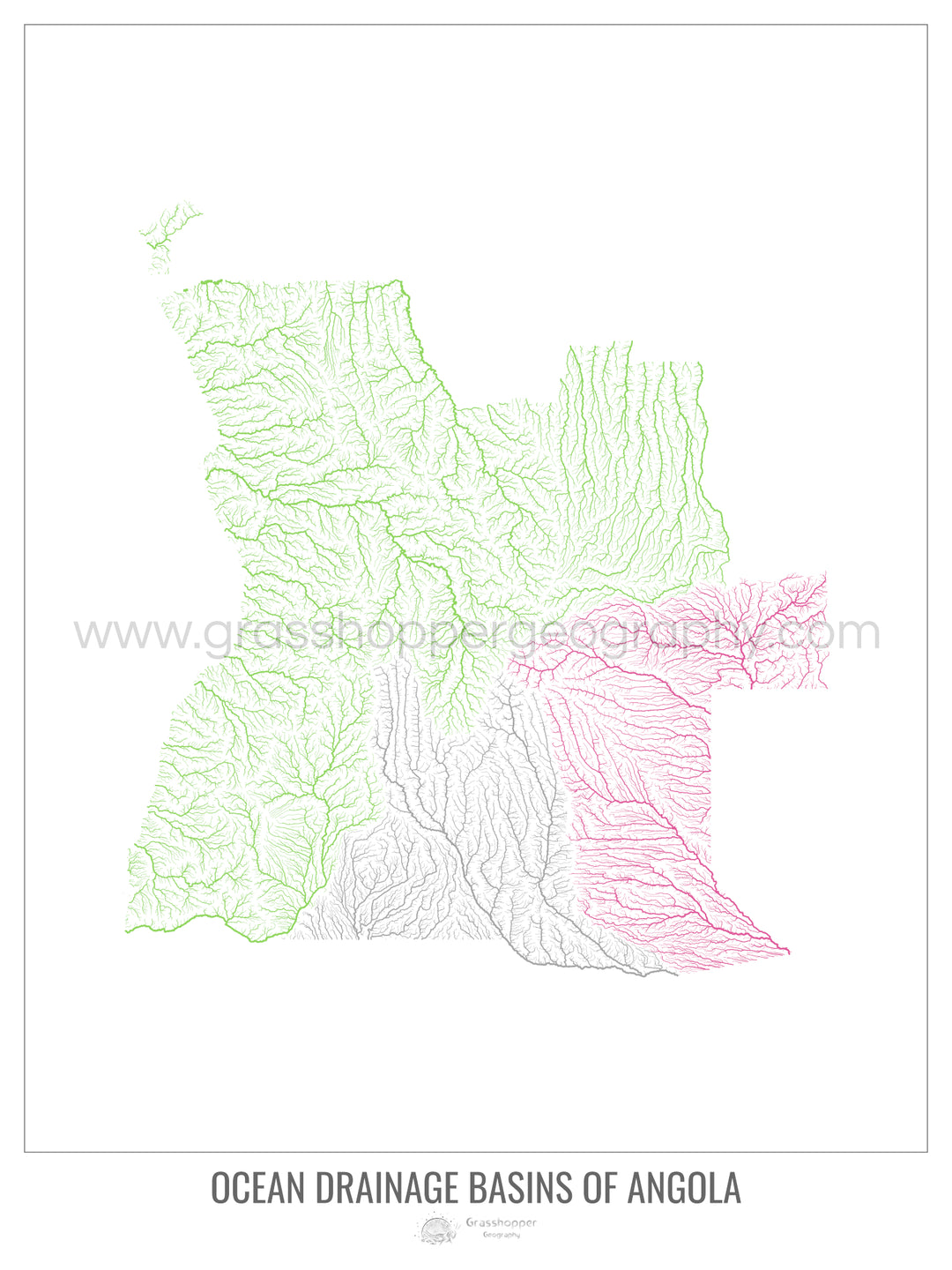 Angola - Mapa de la cuenca hidrográfica del océano, blanco v1 - Impresión de bellas artes