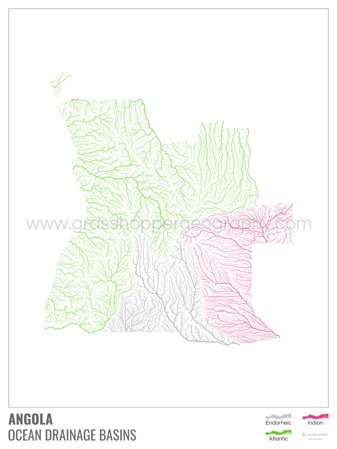 Angola - Carte du bassin versant océanique, blanche avec légende v1 - Impression encadrée