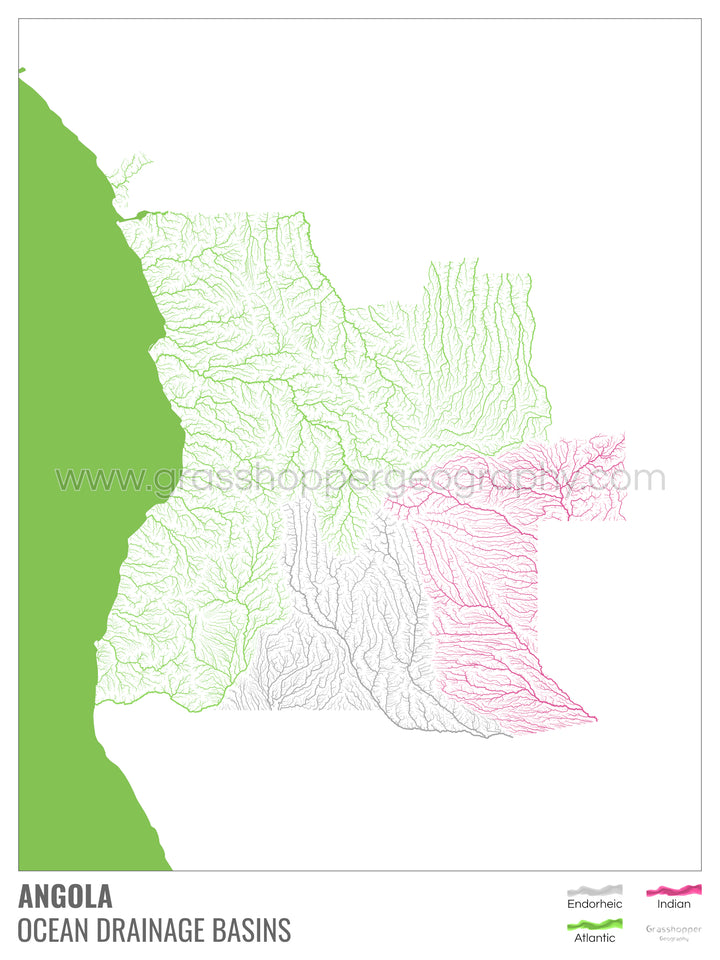 Angola - Mapa de la cuenca hidrográfica del océano, blanco con leyenda v2 - Impresión de bellas artes