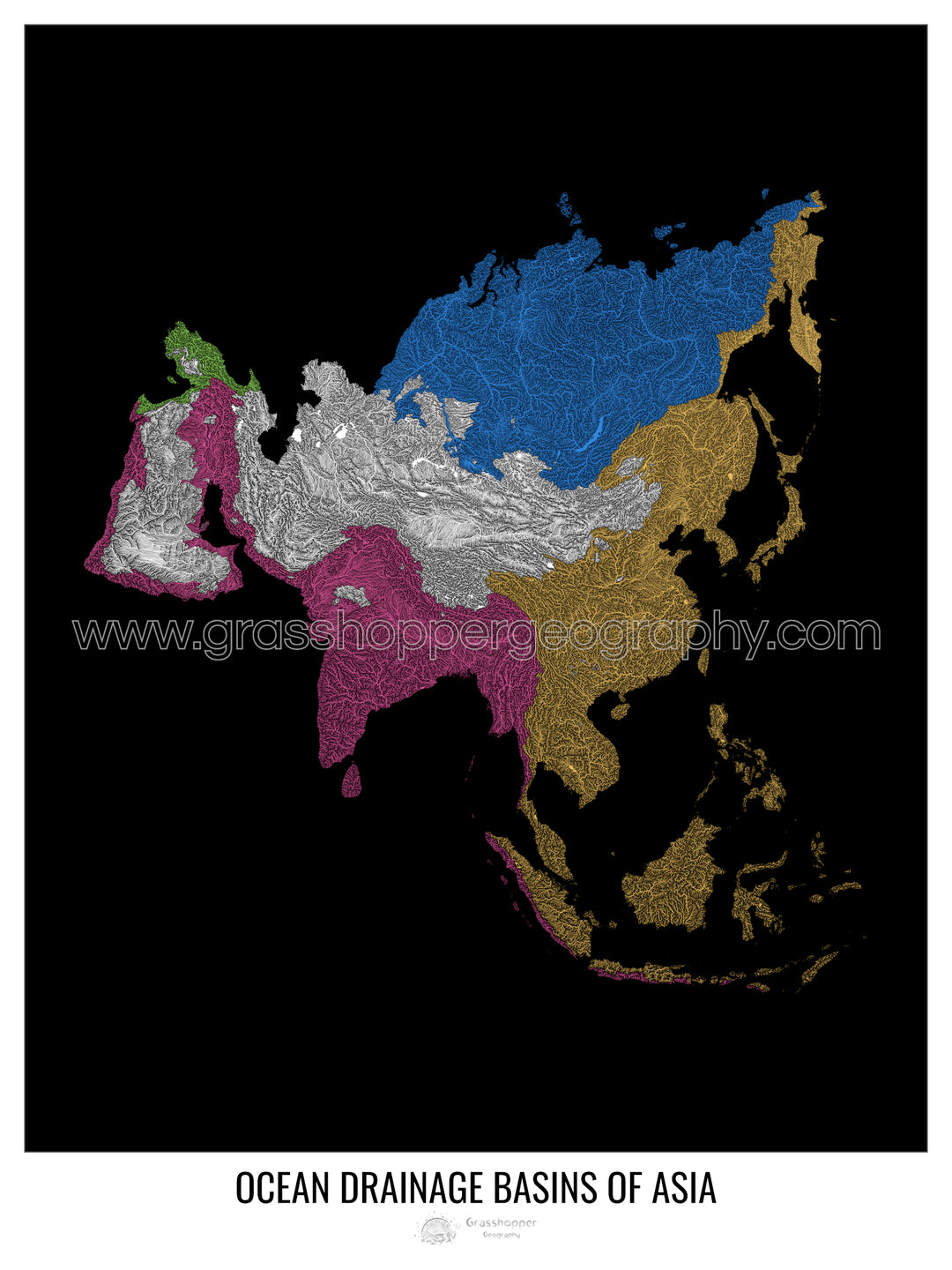 Asia - Mapa de la cuenca hidrográfica del océano, negro v1 - Impresión de bellas artes