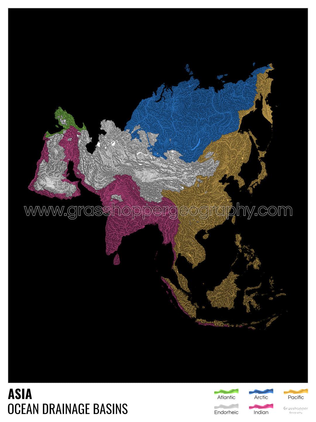 Asie - Carte des bassins hydrographiques océaniques, noire avec légende v1 - Tirage photo artistique
