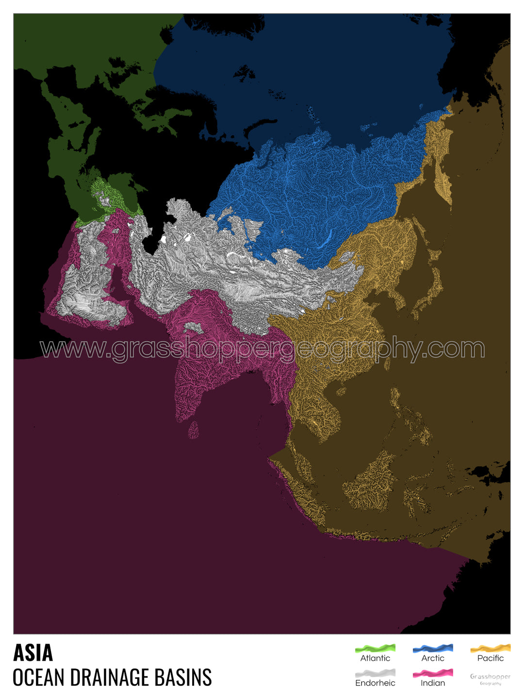 Asie - Carte des bassins hydrographiques océaniques, noire avec légende v2 - Tirage d'art avec cintre
