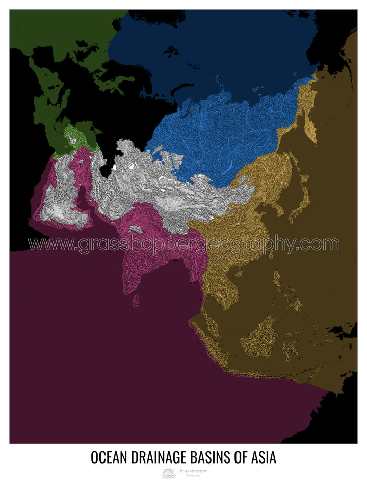 Asia - Mapa de la cuenca hidrográfica del océano, negro v2 - Impresión artística con colgador