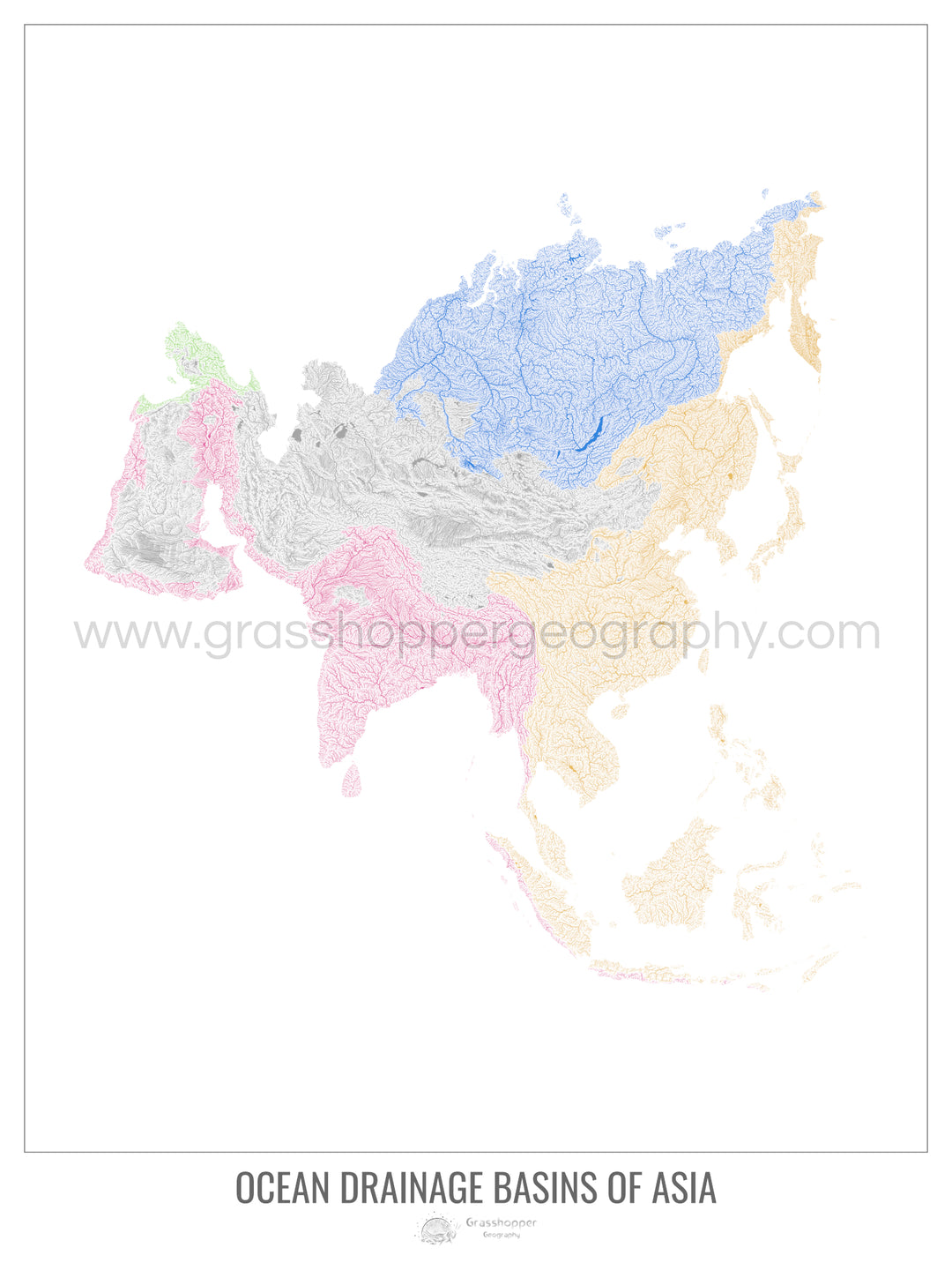 Asia - Mapa de la cuenca hidrográfica del océano, blanco v1 - Impresión de bellas artes