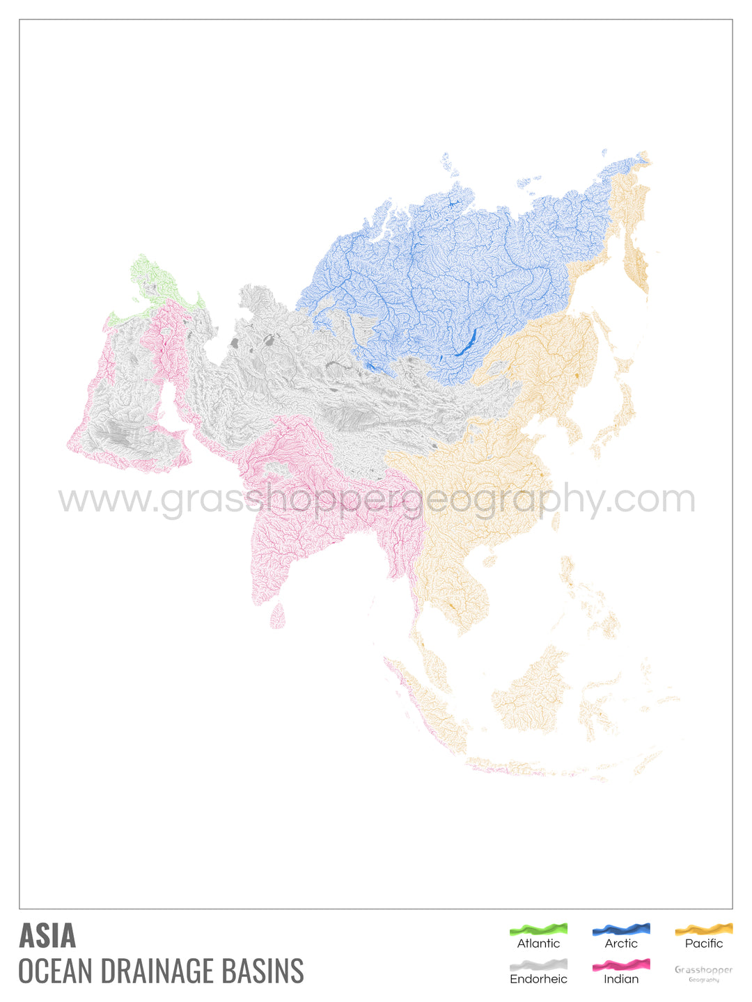 Asie - Carte des bassins hydrographiques océaniques, blanche avec légende v1 - Tirage photo artistique