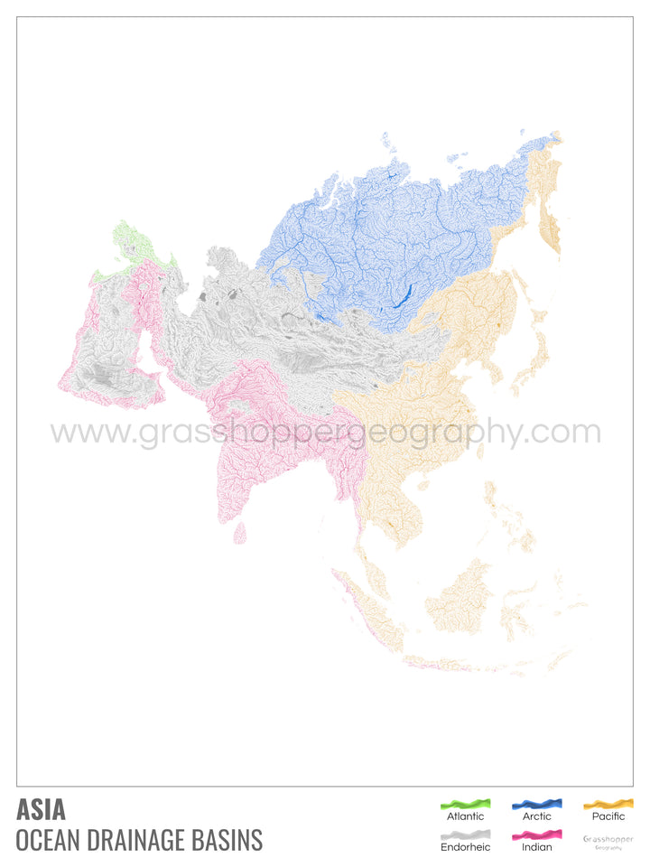 Asie - Carte des bassins hydrographiques océaniques, blanche avec légende v1 - Tirage d'art avec cintre