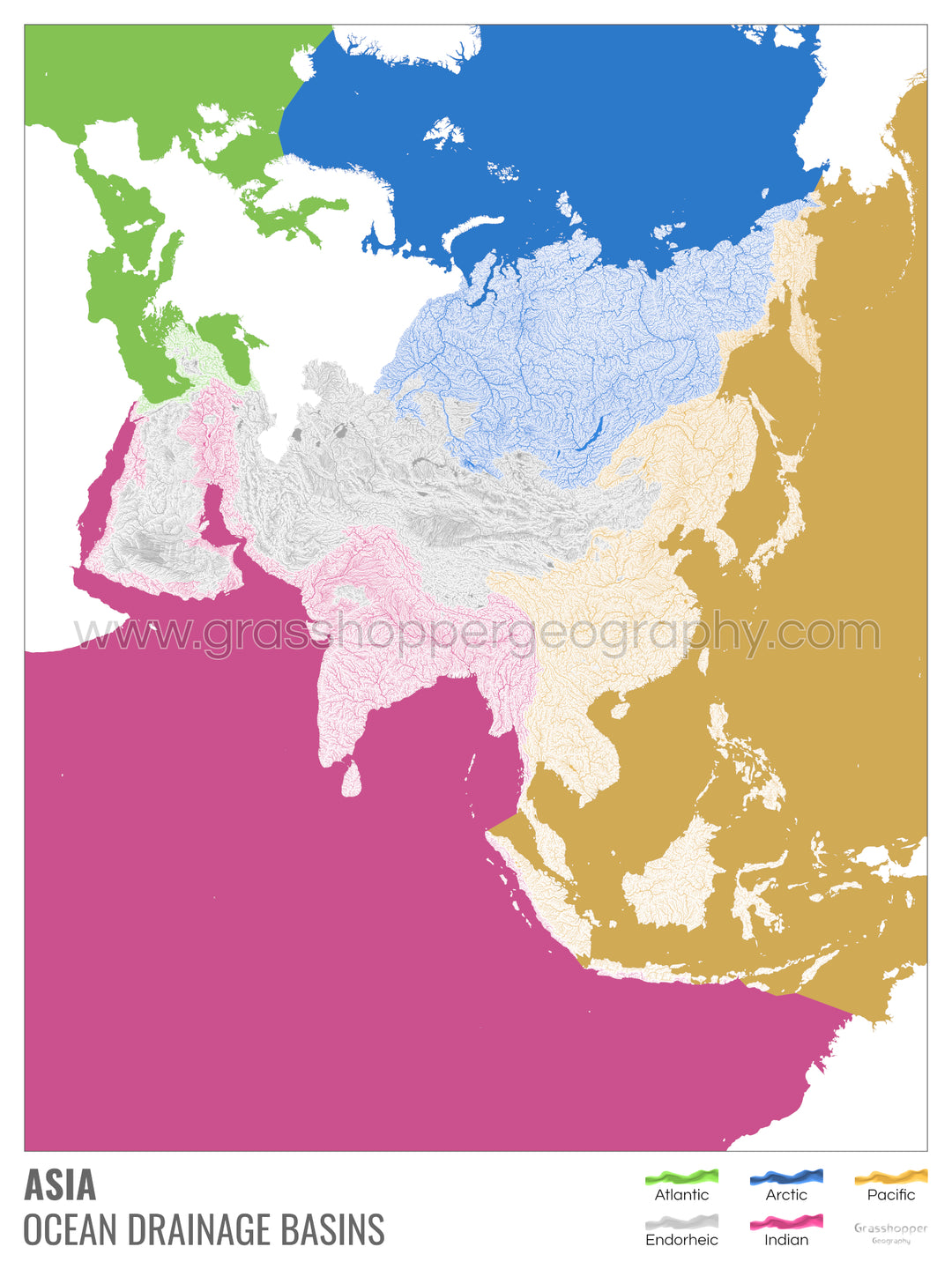 Asie - Carte des bassins hydrographiques océaniques, blanche avec légende v2 - Tirage d'art avec cintre