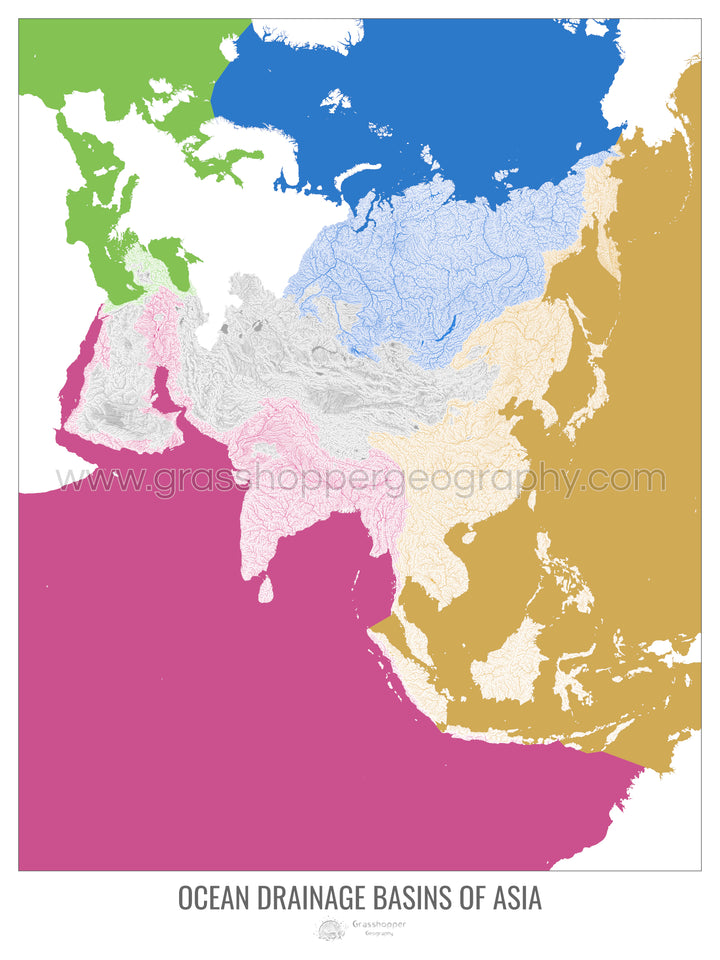 Asia - Mapa de la cuenca hidrográfica del océano, blanco v2 - Impresión artística con colgador