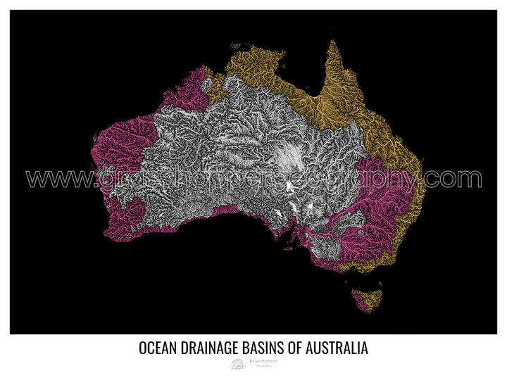 Australia - Mapa de la cuenca de drenaje oceánico, negro v1 - Lámina enmarcada
