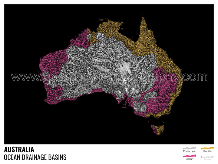 Australia - Mapa de la cuenca hidrográfica del océano, negro con leyenda v1 - Impresión de bellas artes