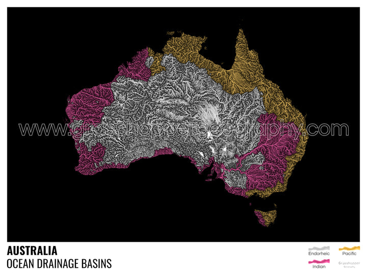 Australia - Mapa de la cuenca hidrográfica del océano, negro con leyenda v1 - Impresión fotográfica