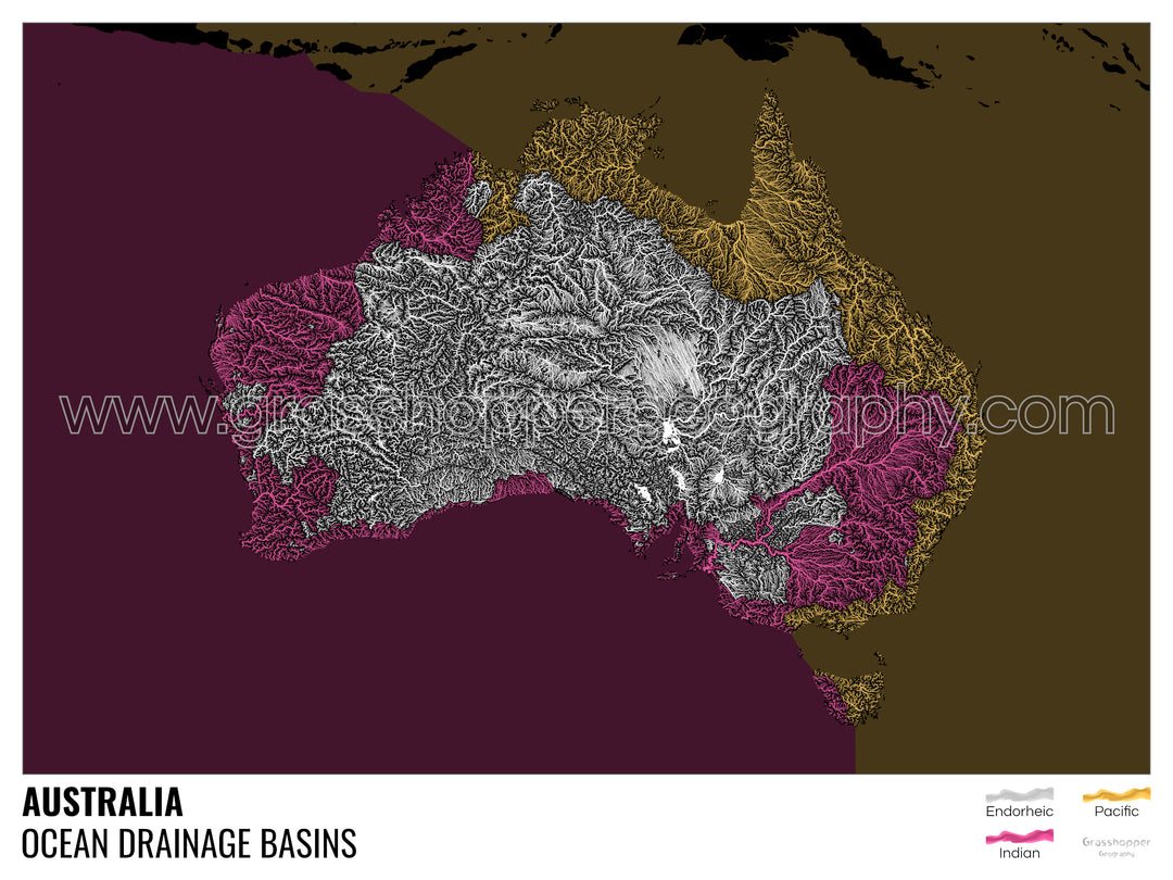 Australia - Mapa de la cuenca hidrográfica del océano, negro con leyenda v2 - Impresión de bellas artes