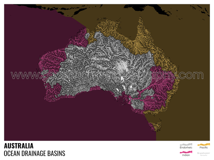 Australie - Carte des bassins hydrographiques océaniques, noire avec légende v2 - Tirage photo artistique