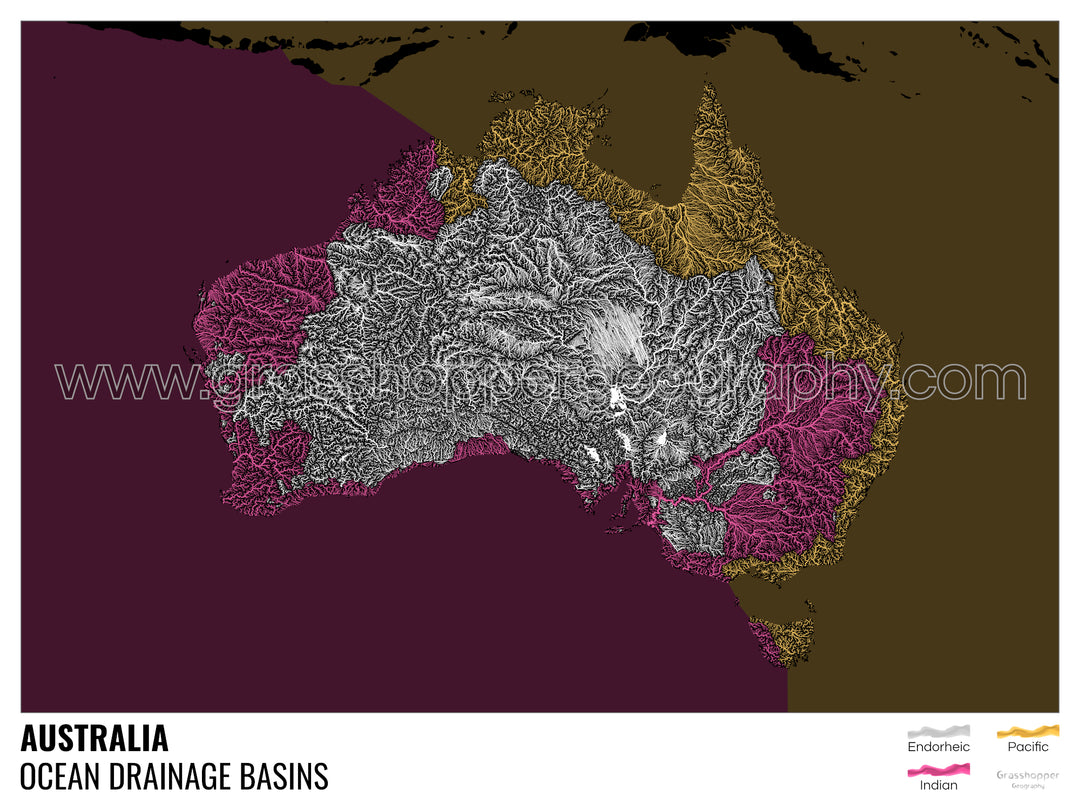 Australia - Mapa de la cuenca hidrográfica del océano, negro con leyenda v2 - Impresión artística con colgador