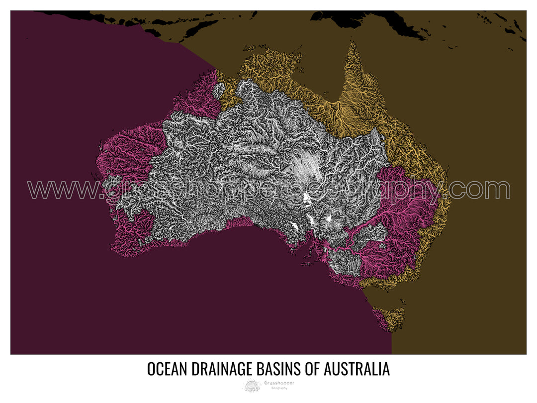 Australie - Carte des bassins versants océaniques, noir v2 - Impression encadrée