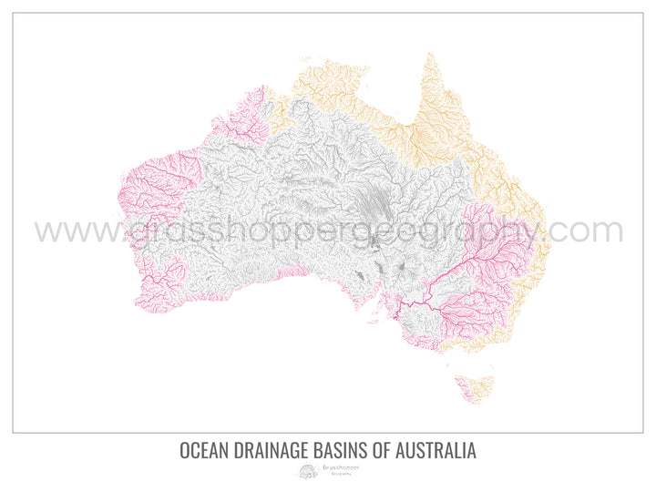 Australia - Mapa de la cuenca hidrográfica del océano, blanco v1 - Impresión de bellas artes