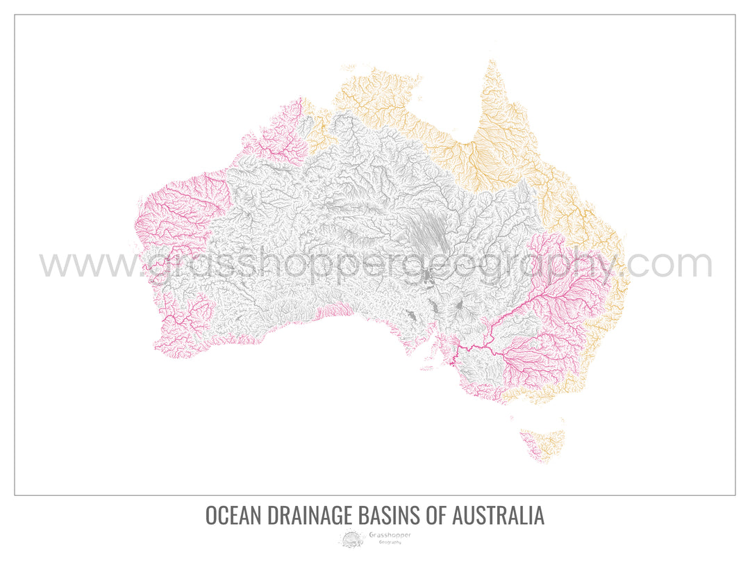Australia - Mapa de la cuenca hidrográfica del océano, blanco v1 - Impresión artística con colgador