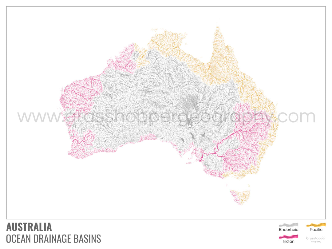 Australie - Carte des bassins hydrographiques océaniques, blanche avec légende v1 - Tirage d'art avec cintre