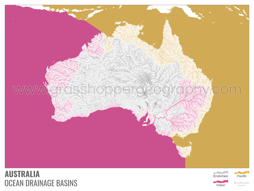 Australia - Mapa de la cuenca hidrográfica del océano, blanco con leyenda v2 - Lámina enmarcada