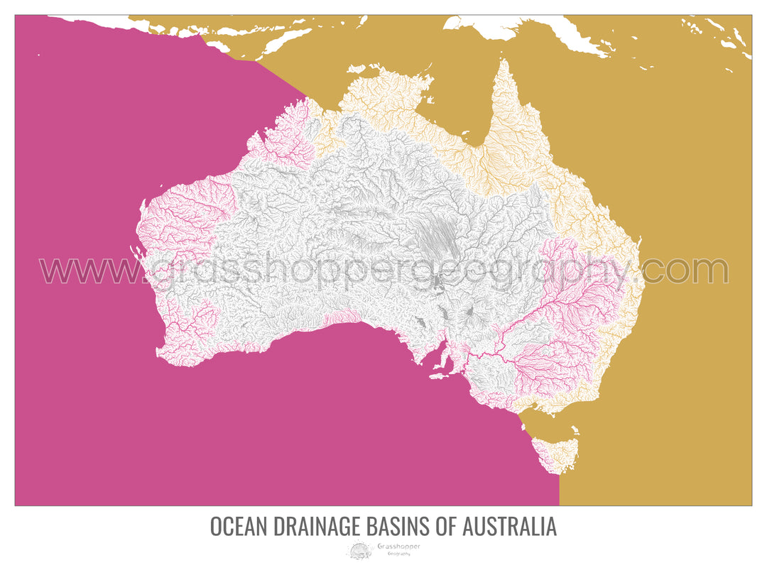 Australia - Mapa de la cuenca hidrográfica del océano, blanco v2 - Impresión de bellas artes