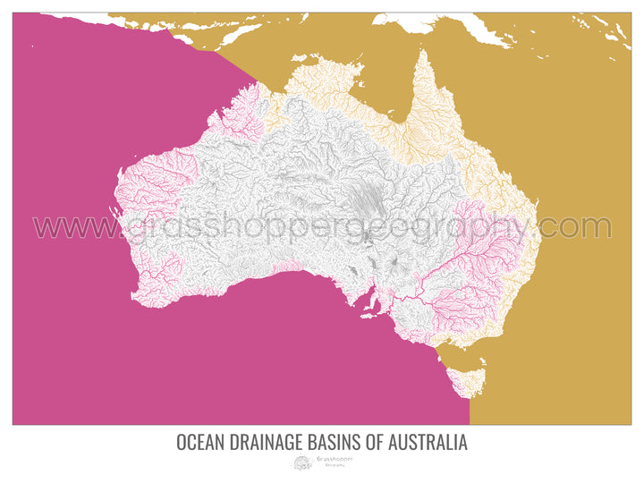 Australia - Mapa de la cuenca hidrográfica del océano, blanco v2 - Impresión artística con colgador
