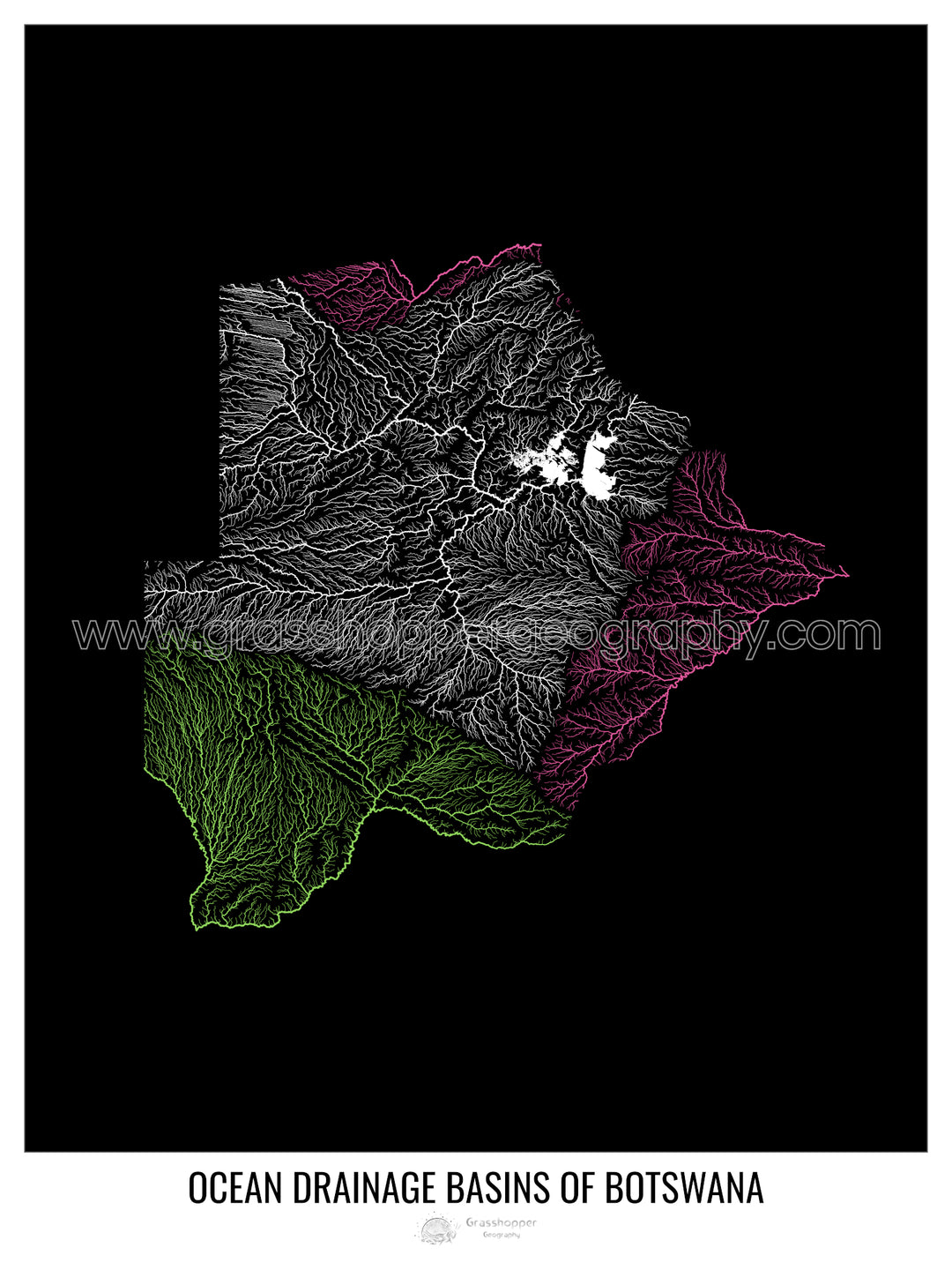 Botswana - Mapa de la cuenca de drenaje oceánico, negro v1 - Impresión de bellas artes