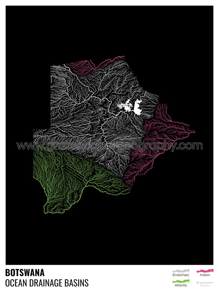 Botswana - Ocean drainage basin map, black with legend v1 - Fine Art Print