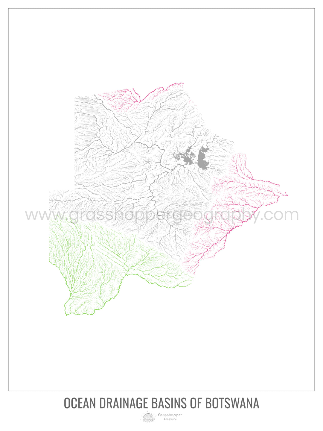 Botswana - Mapa de la cuenca de drenaje oceánico, blanco v1 - Impresión de bellas artes