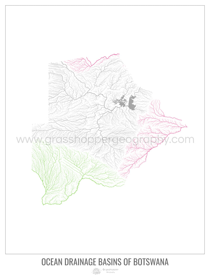 Botswana - Mapa de la cuenca de drenaje oceánico, blanco v1 - Impresión de bellas artes