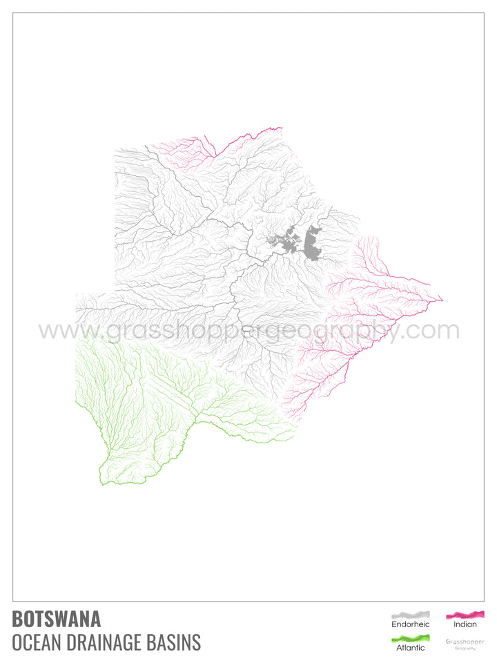 Botswana - Mapa de la cuenca hidrográfica del océano, blanco con leyenda v1 - Lámina enmarcada