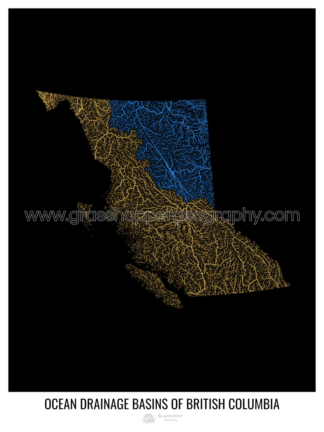 Columbia Británica - Mapa de la cuenca de drenaje oceánico, negro v1 - Impresión de bellas artes
