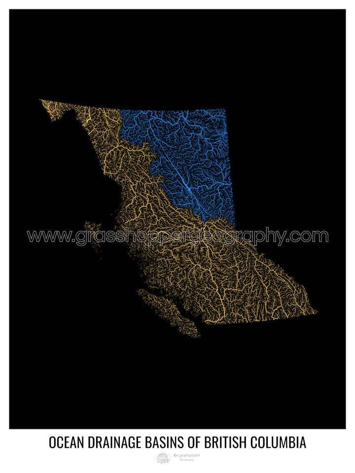 British Columbia - Ocean drainage basin map, black v1 - Framed Print