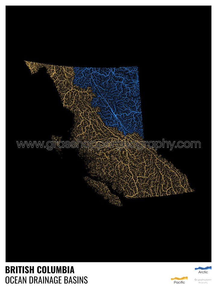Columbia Británica - Mapa de la cuenca hidrográfica del océano, negro con leyenda v1 - Impresión artística con colgador