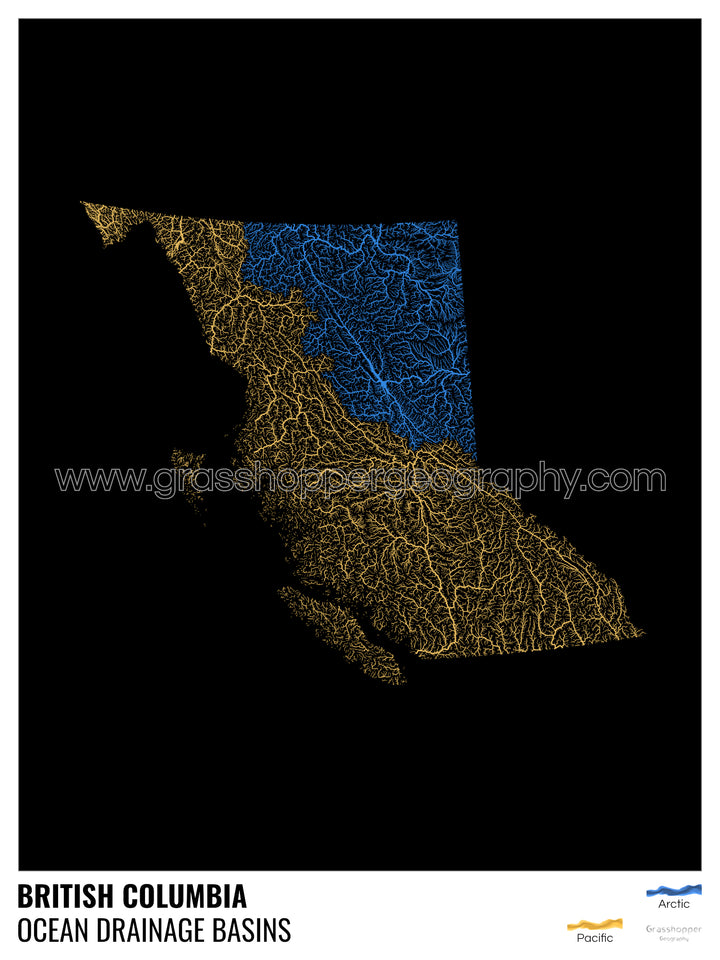 British Columbia - Mapa da bacia de drenagem oceânica, preto com legenda v1 - Impressão de belas artes com cabide