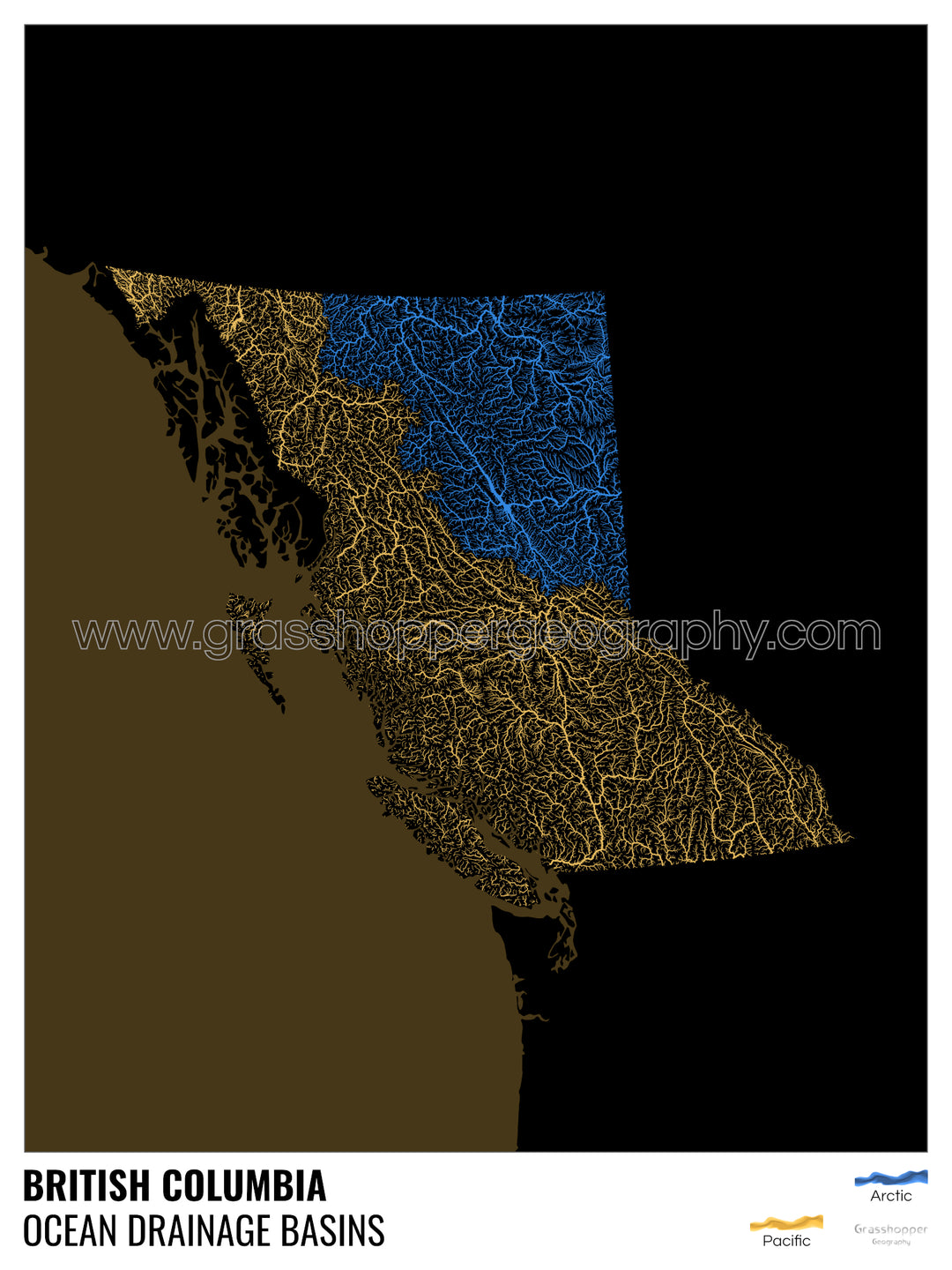 British Columbia - Ocean drainage basin map, black with legend v2 - Fine Art Print